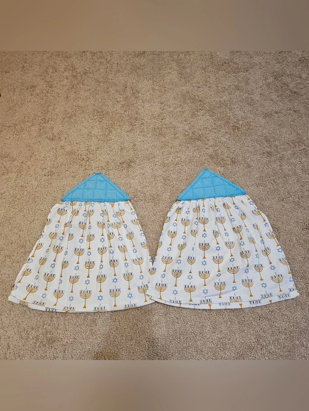 2 Handcrafted Potholders Attached To Towels | Blue, White + Gold | Jewish